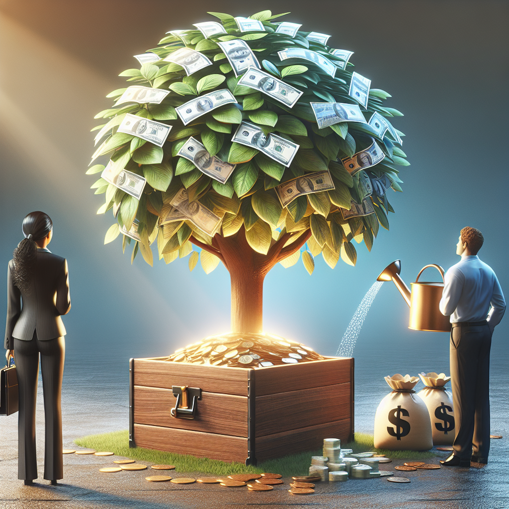 a man and woman watering a tree with money